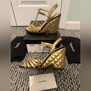 CHANEL Gold Quilted Wedge Sandals size 38